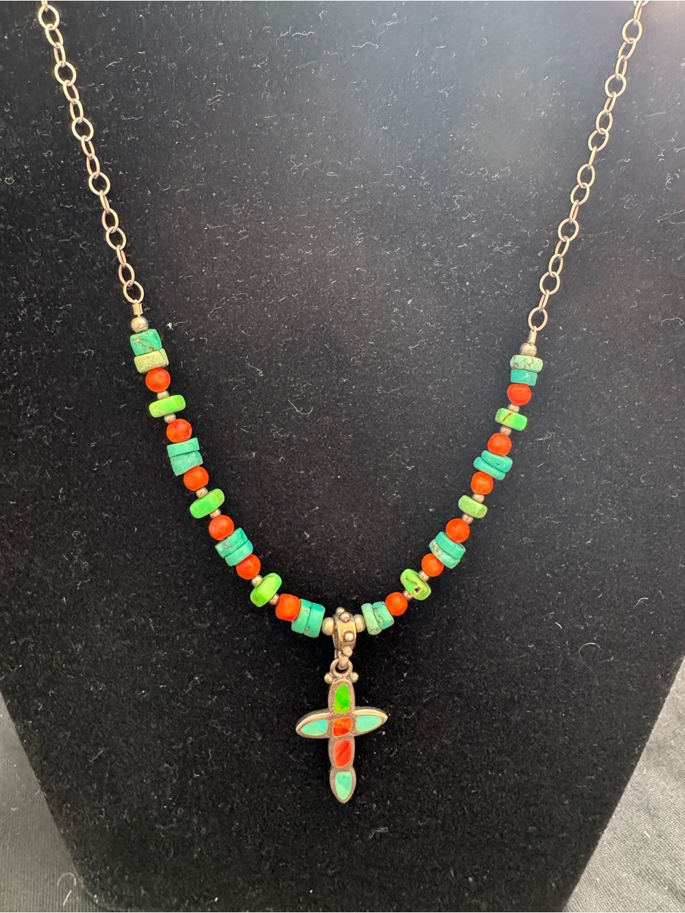 Barse Sterling Silver Turquoise Coral Cross Necklace - Adjustable 16” - 18”